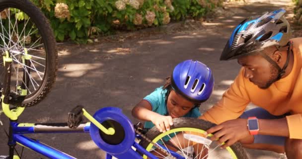 Père aide son fils à réparer le vélo — Video