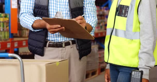 Lagerarbeiter arbeiten zusammen — Stockvideo