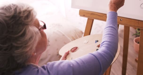 Senior woman painting on canvas — Stock Video