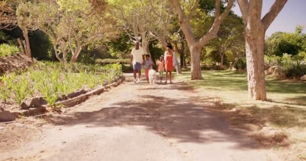 Familjen går i en park med det hund — Stockvideo