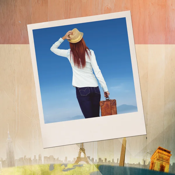 Hipster woman holding suitcase — Stock Photo, Image