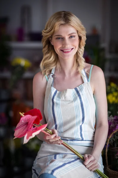 Floristería femenina sosteniendo flores en tienda de flores —  Fotos de Stock