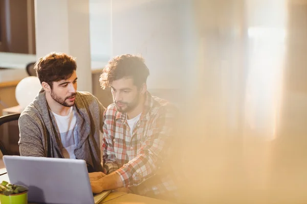 Designer gráfico usando laptop com seu colega de trabalho — Fotografia de Stock