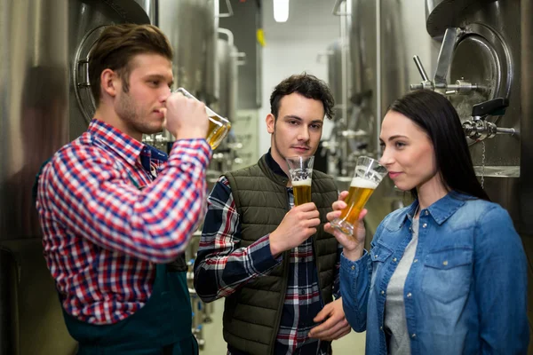 Cervejarias testando cerveja na fábrica de cervejarias — Fotografia de Stock