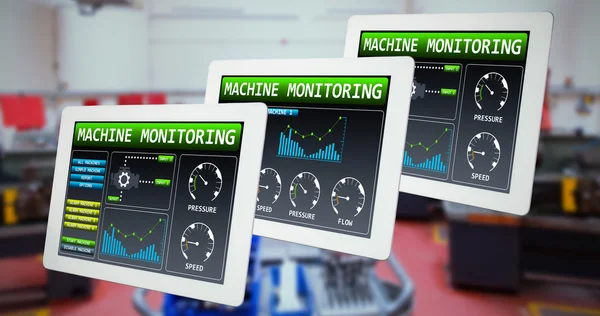 Tres tabletas contra la imagen de la maquinaria —  Fotos de Stock
