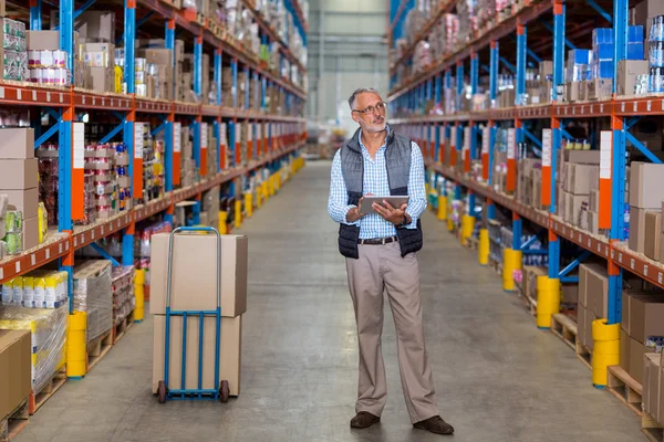 Manager hält Tablet in der Hand und sucht nach Regalen — Stockfoto