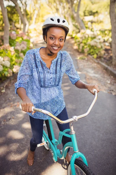 Happy woman doing bicycle — Stock Photo, Image