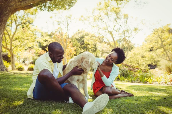 Paar poseren met een hond — Stockfoto