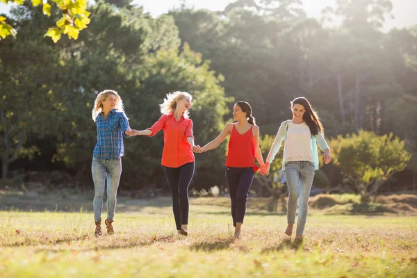 Hermosas mujeres cogidas de la mano y caminando juntas en el parque — Foto de Stock