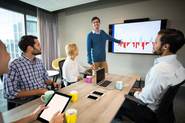 Geschäftsleute diskutieren bei einem Meeting über Grafik — Stockfoto