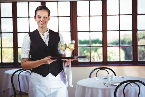 Улыбающаяся официантка держит поднос с бокалами вина — стоковое фото
