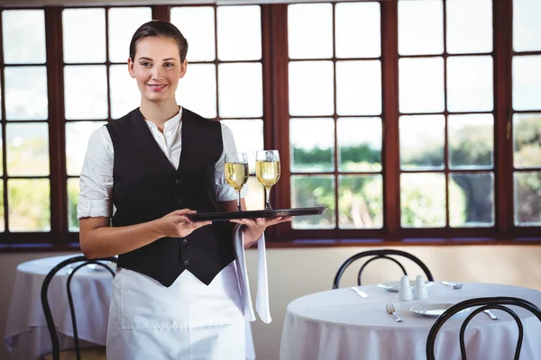 Garçonete sorridente segurando uma bandeja com copos de vinho — Fotografia de Stock