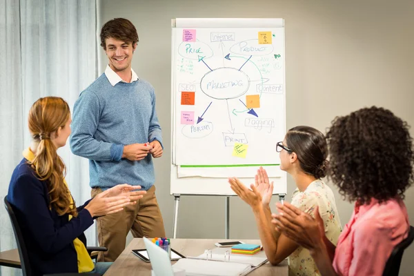 Compañeros aplaudiendo a un colega después de la presentación — Foto de Stock