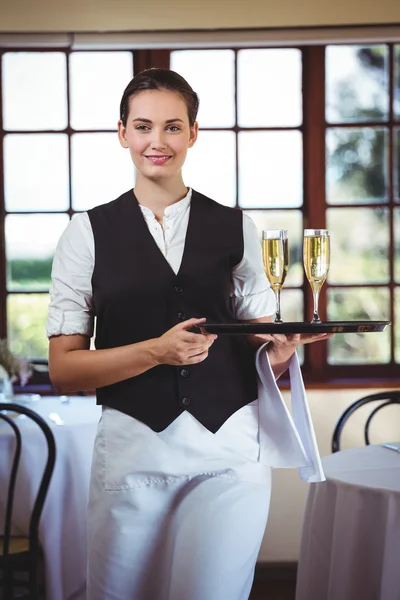 Portret kelnerka trzymając tacę — Zdjęcie stockowe