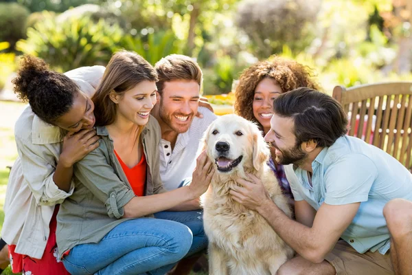 Happy vrienden zitten samen met de hond — Stockfoto