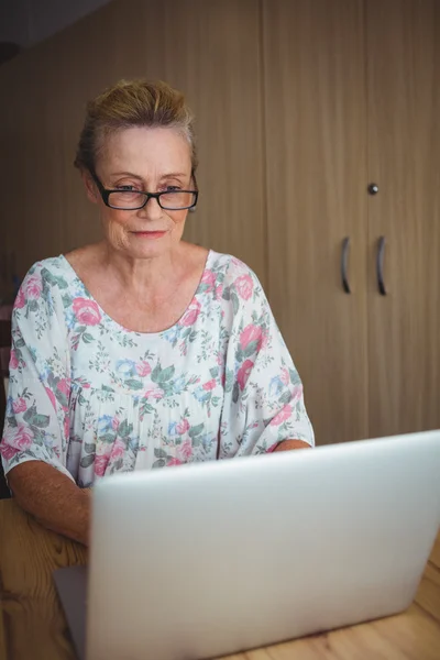 Sorrindo mulher idosa usando um laptop — Fotografia de Stock