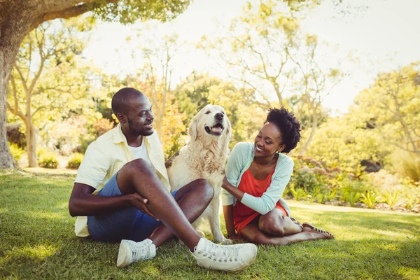 Paar poseren met een hond — Stockfoto