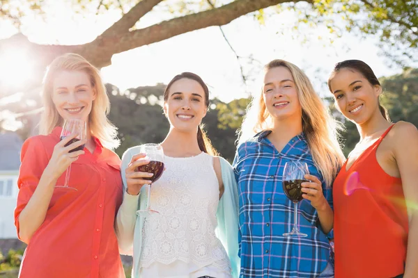 Mulheres bonitas segurando um copo de vinho tinto no parque — Fotografia de Stock