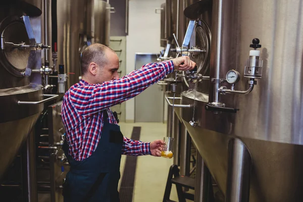 Производитель разливает пиво в стекло — стоковое фото