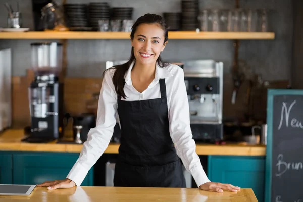 Retrato de camarera sonriente de pie en el mostrador — Foto de Stock