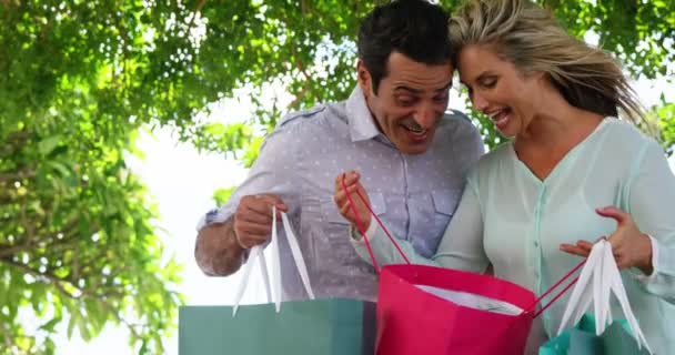 Έκπληκτος ζευγάρι ψάχνει σε τσάντα για ψώνια — Αρχείο Βίντεο