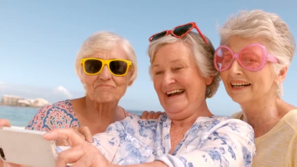 Amigos mujer tomando selfie en la playa — Vídeos de Stock