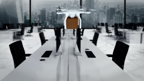 Dron sosteniendo caja de cartón y volando — Vídeos de Stock