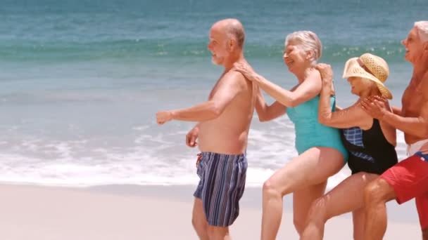 Amis seniors dansant sur la plage — Video