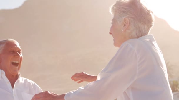 Senior paar doen knuffelen op het strand — Stockvideo