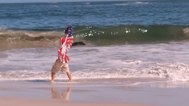 Persona sosteniendo pies de bandera americana en el mar — Vídeo de stock