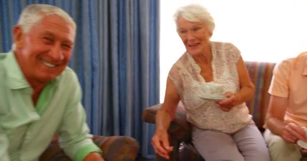 Amigos seniores interagindo enquanto toma chá — Vídeo de Stock