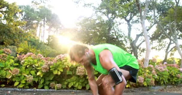 Человек завязывает шнурки во время пробежки в парке — стоковое видео