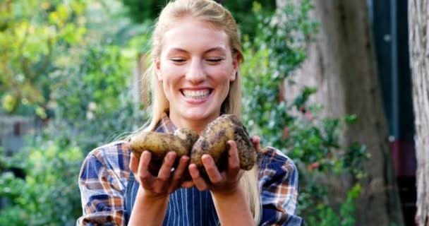 Gelukkige tuinman bedrijf vers geteelde aardappelen — Stockvideo