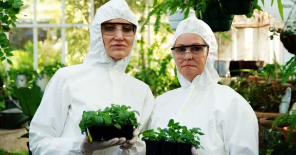 女科学家举行的盆栽植物 — 图库视频影像