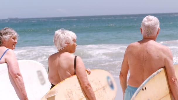 Senior vrienden gaan surfen — Stockvideo