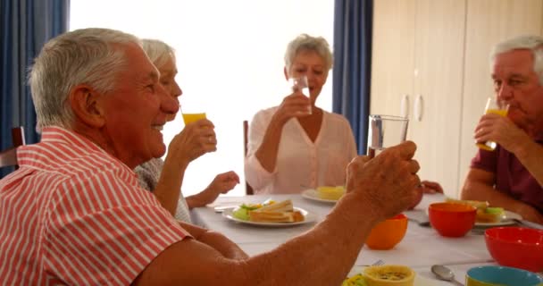 Amigos seniores tomando suco juntos — Vídeo de Stock