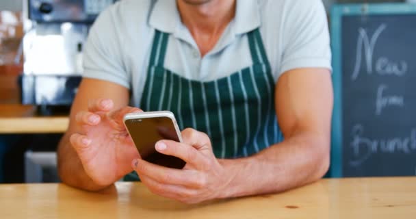 Camarero está utilizando teléfono inteligente en el mostrador — Vídeos de Stock