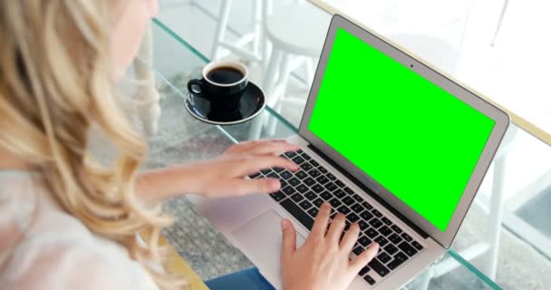 O femeie care foloseşte laptopul în timp ce bea cafea — Videoclip de stoc