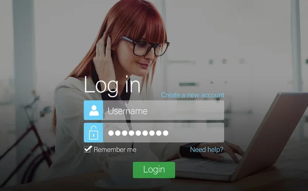 빨간 머리 여자와 로그인 화면 — 스톡 사진