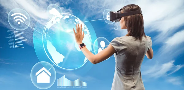 Businesswoman holding virtual glasses — Stock Photo, Image