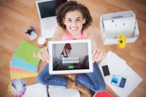 Login screen with redheaded woman and laptop — Stock Photo, Image