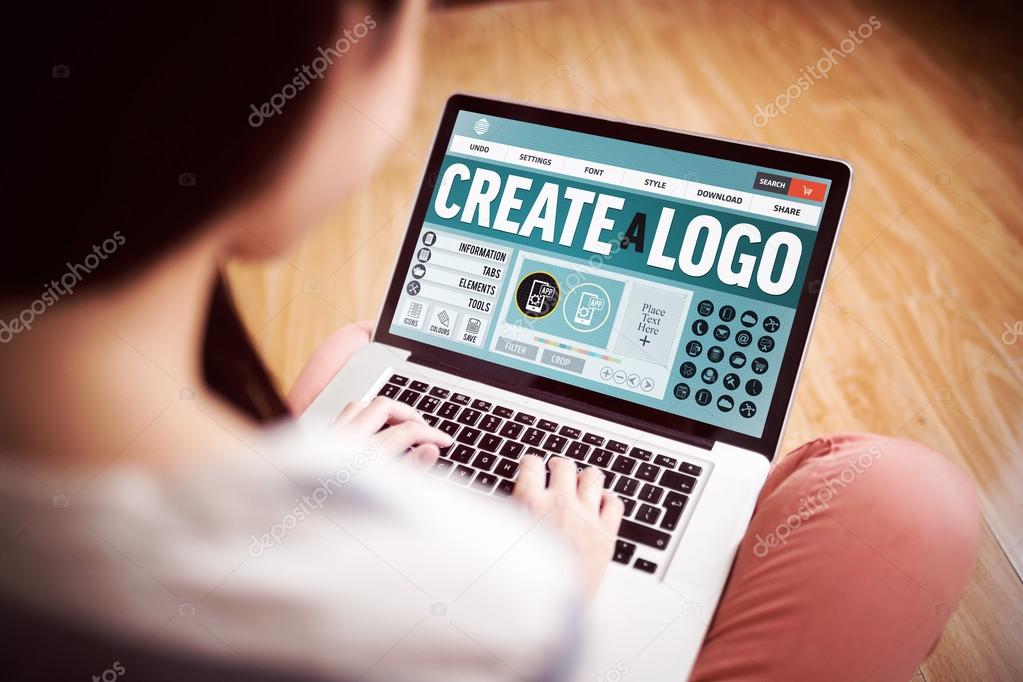 Webpage for create a logo against asian woman using laptop with copy space