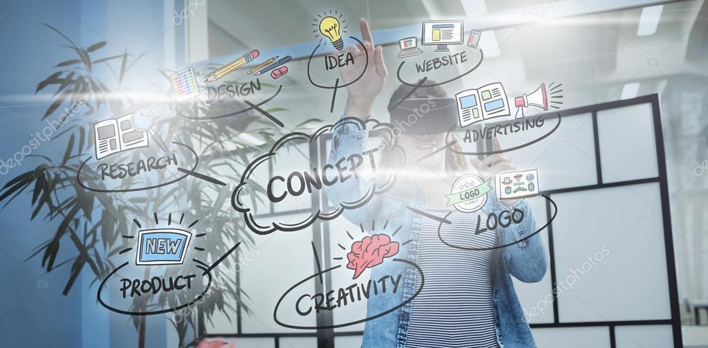 Concept flowchart against businesswoman gesturing while using virtual reality headset