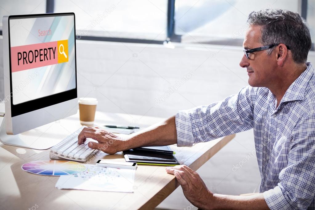 Logo of a search bar in which PROPERTY is written against profile view of a businessman working on computer