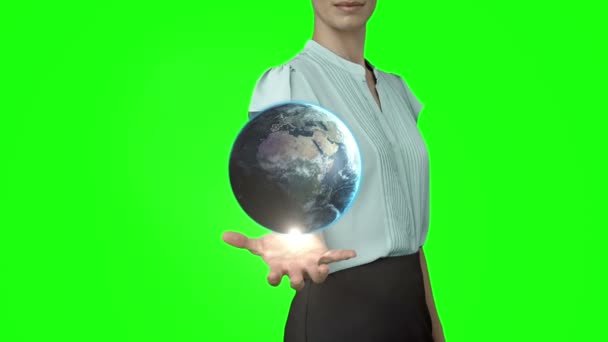 Business woman with globe animation — стоковое видео