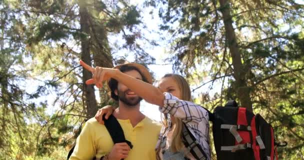 Пара туристов, указывающая в лесу — стоковое видео