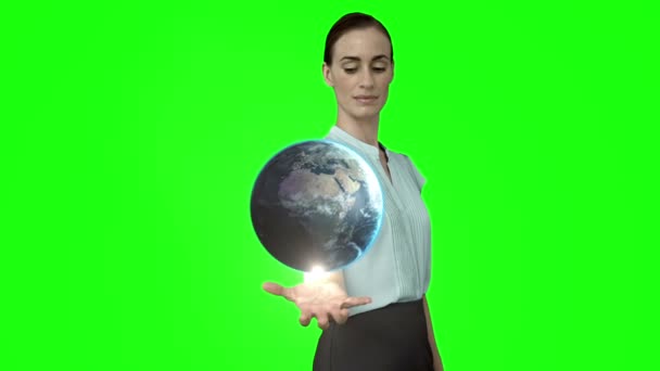 Business woman with globe animation — стоковое видео