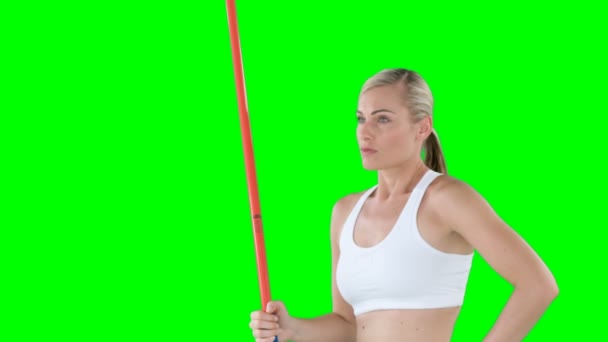 Årets idrottskvinna förbereder sig för att spjutkastning — Stockvideo