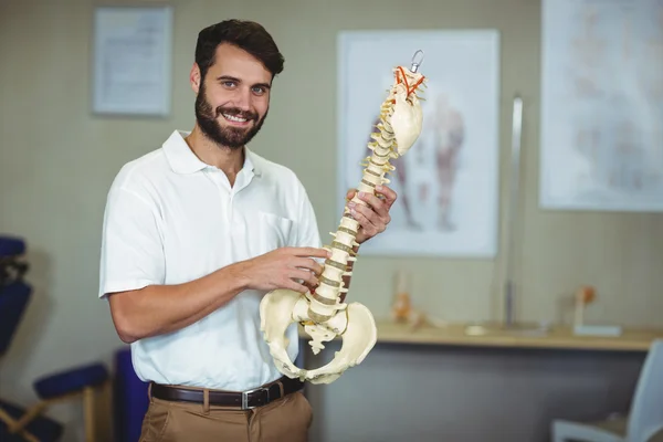 Male therapist holding spine model in clinic — Stock Photo, Image