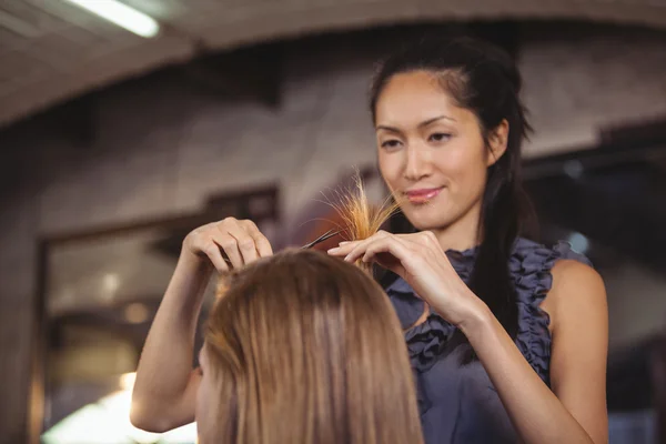 Female getting her hair trimmed — Stock Photo, Image